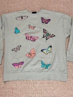 Special Thanks Sage Green Colorful Butterflies Moths Graphic Granola Sweatshirt